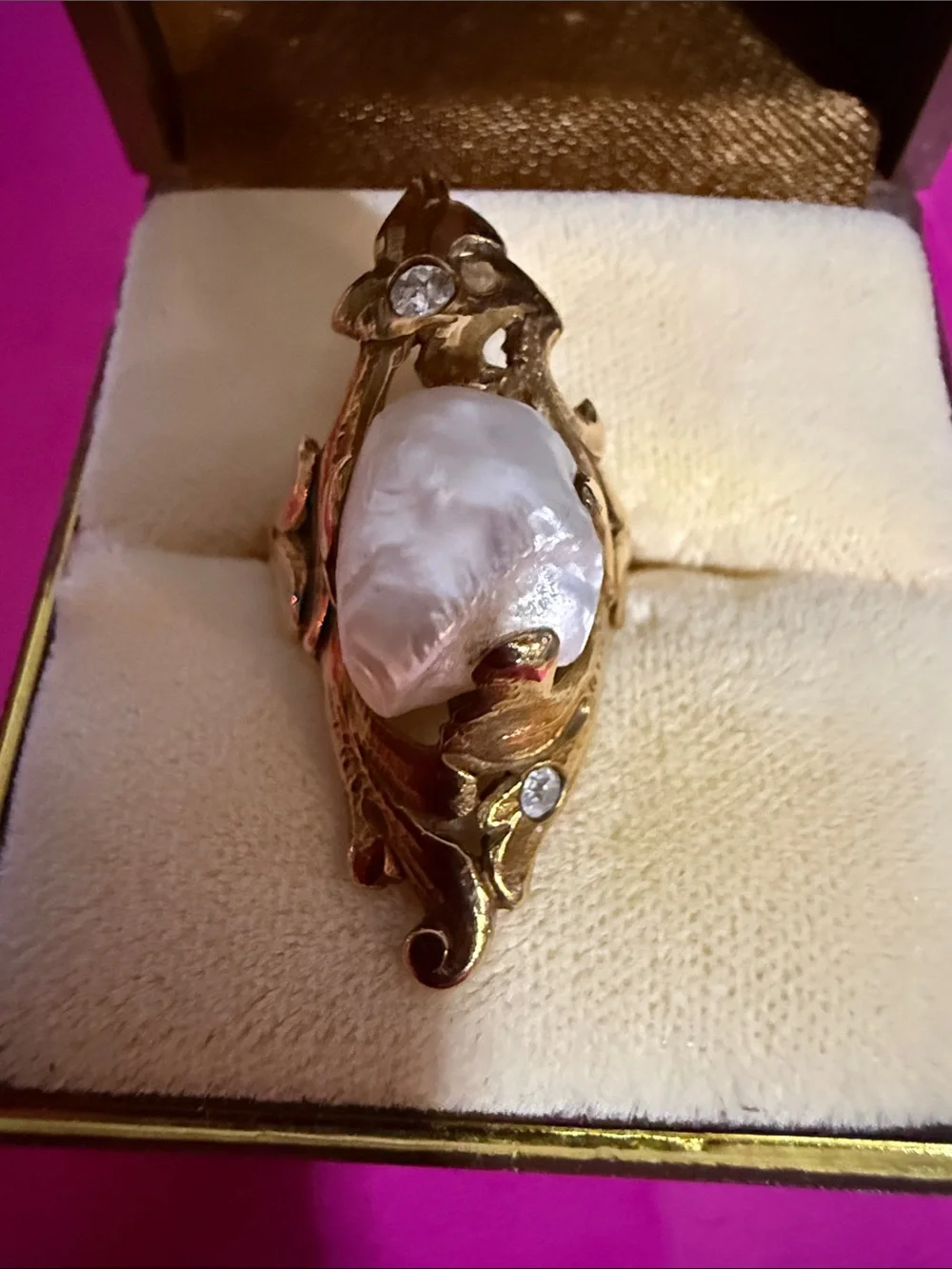 Antique Baroque freshwater River Pearl and 10K Gold Ring with diamonds RARE!